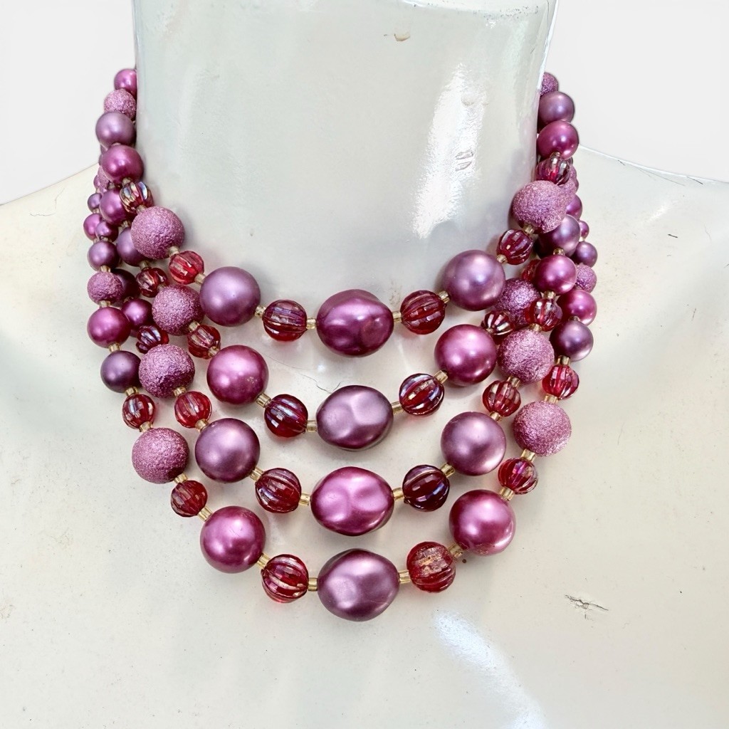 Vintage 1950s Pink Multi Strand Faux Pearl Necklace Red Aurora Borealis Beads