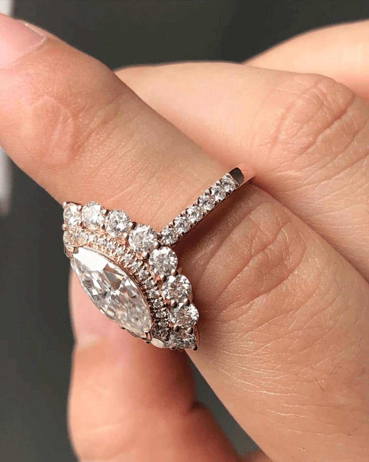 1.25CT Marquise Cut Moissanite Halo Engagement Ring, Half Eternity Wedding Ring
