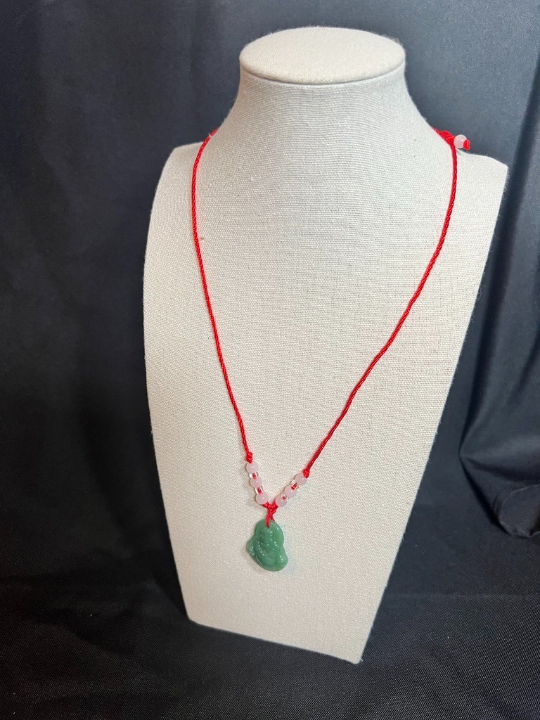 Green Buddha Pendant Necklace Red Cord Meditation Spiritual Jewelry Carved Adjst
