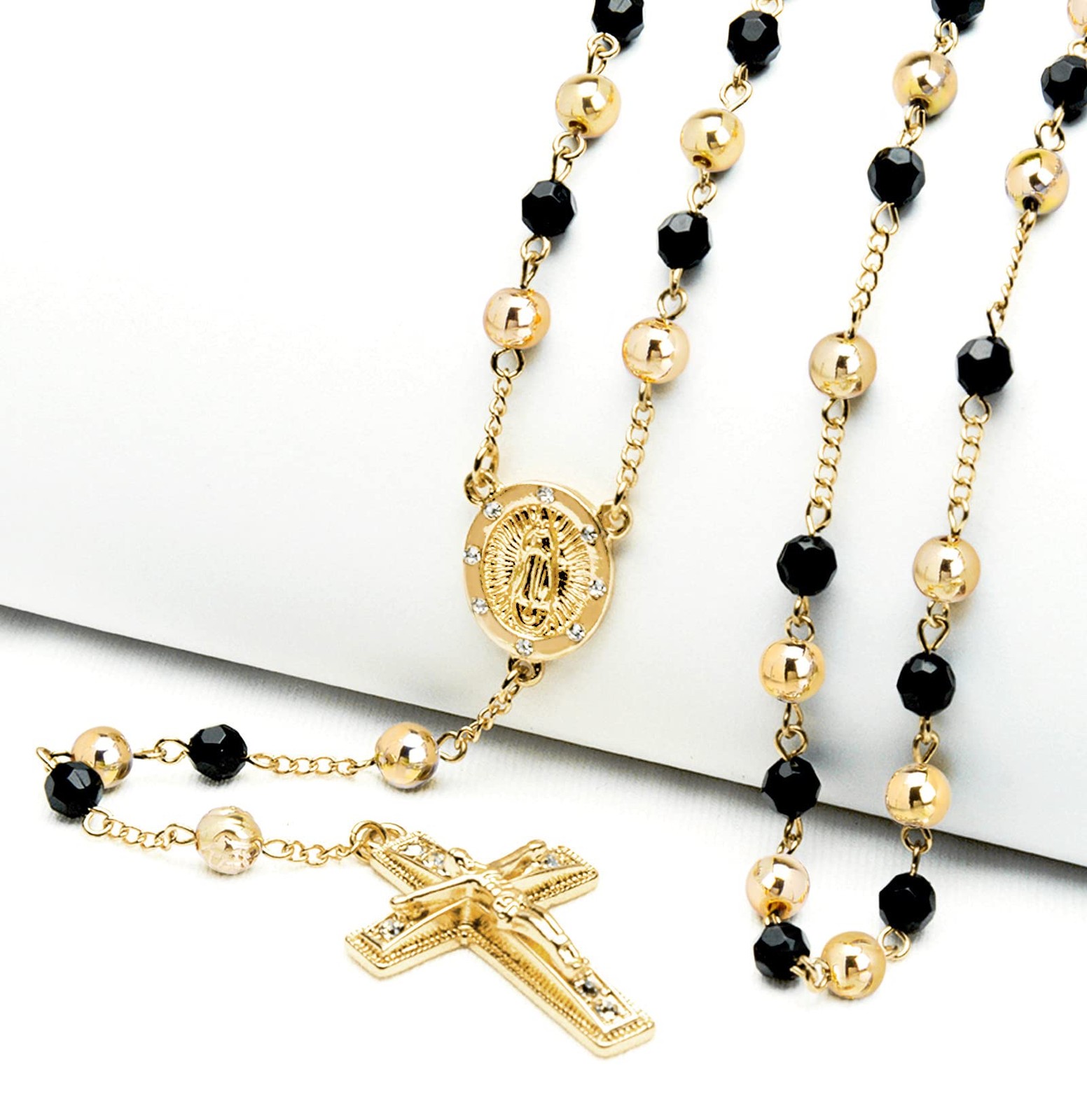 metaltree98 Rosary 6 mm Black Bead 27 Inch + 5 inch extension, Gold