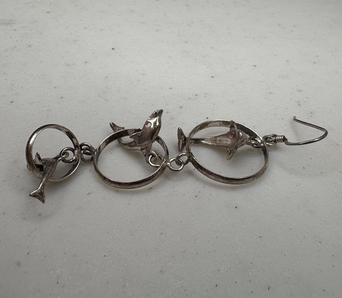 Single (1) 925 Sterling Silver Hook Dangle Dolphin Circle Earring – 4.5 Grams