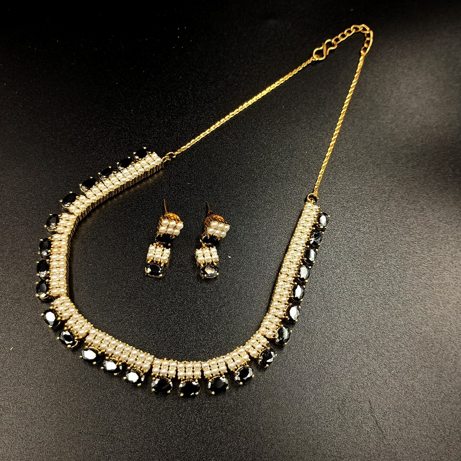 22k Gold Plated Black Onyx Choker Necklace Set Pearls Indian Temple Festival New