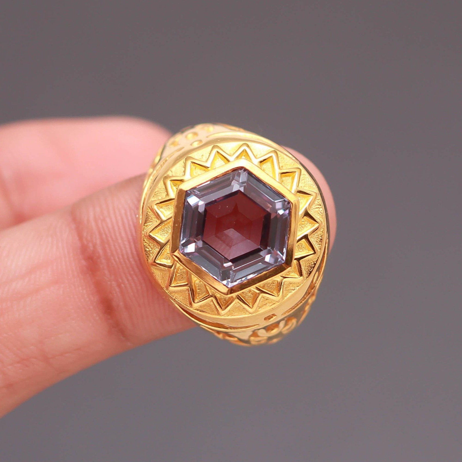 Color Changing Alexandrite Hexagon Ring 925 Sterling Silver Gold Plated Jewelry