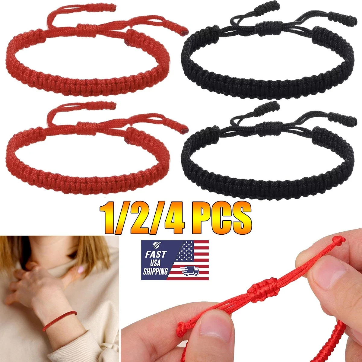 4PCS Black Tibetan Lucky String Bracelet Woven Braided Adjustable Men Women Gift