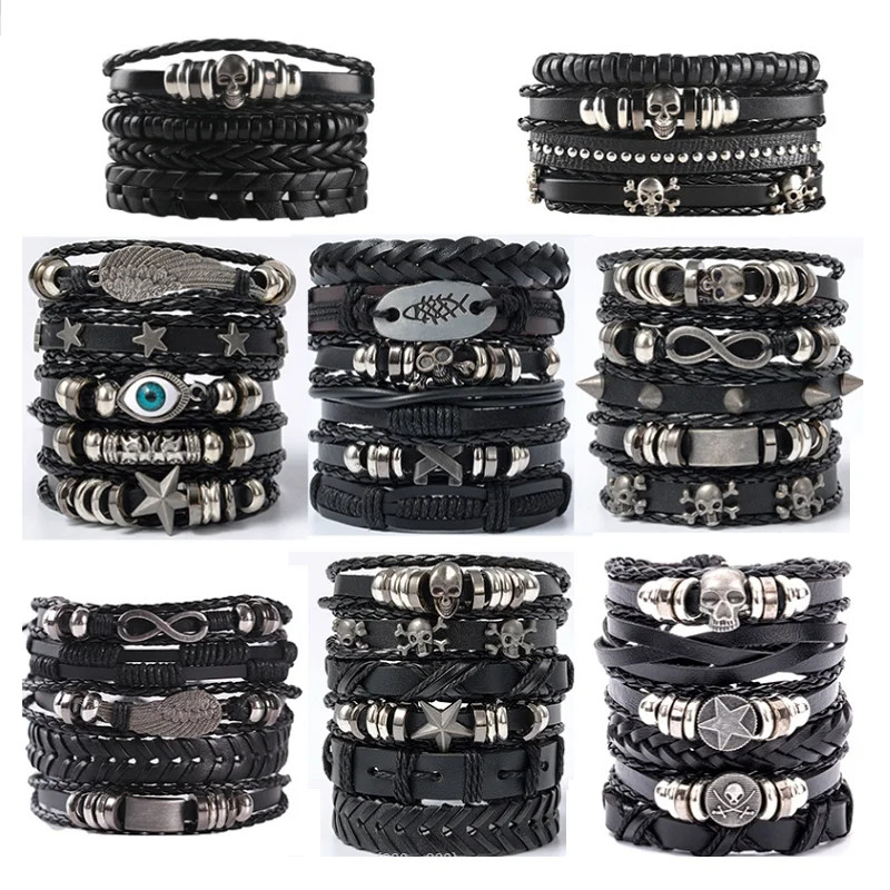 Punk Multilayer Antique Leather Bracelet Set Skull Eye Star Charms Hiphop Rock Y
