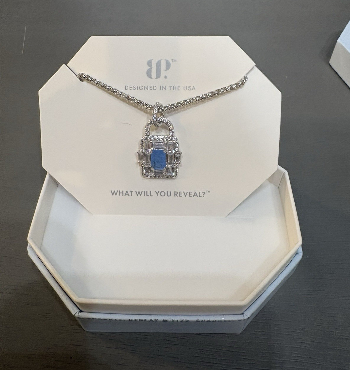 BP Rhodium Plated Lab-Created Blue Quartz Lock Pendant Necklace 18″ NK91152
