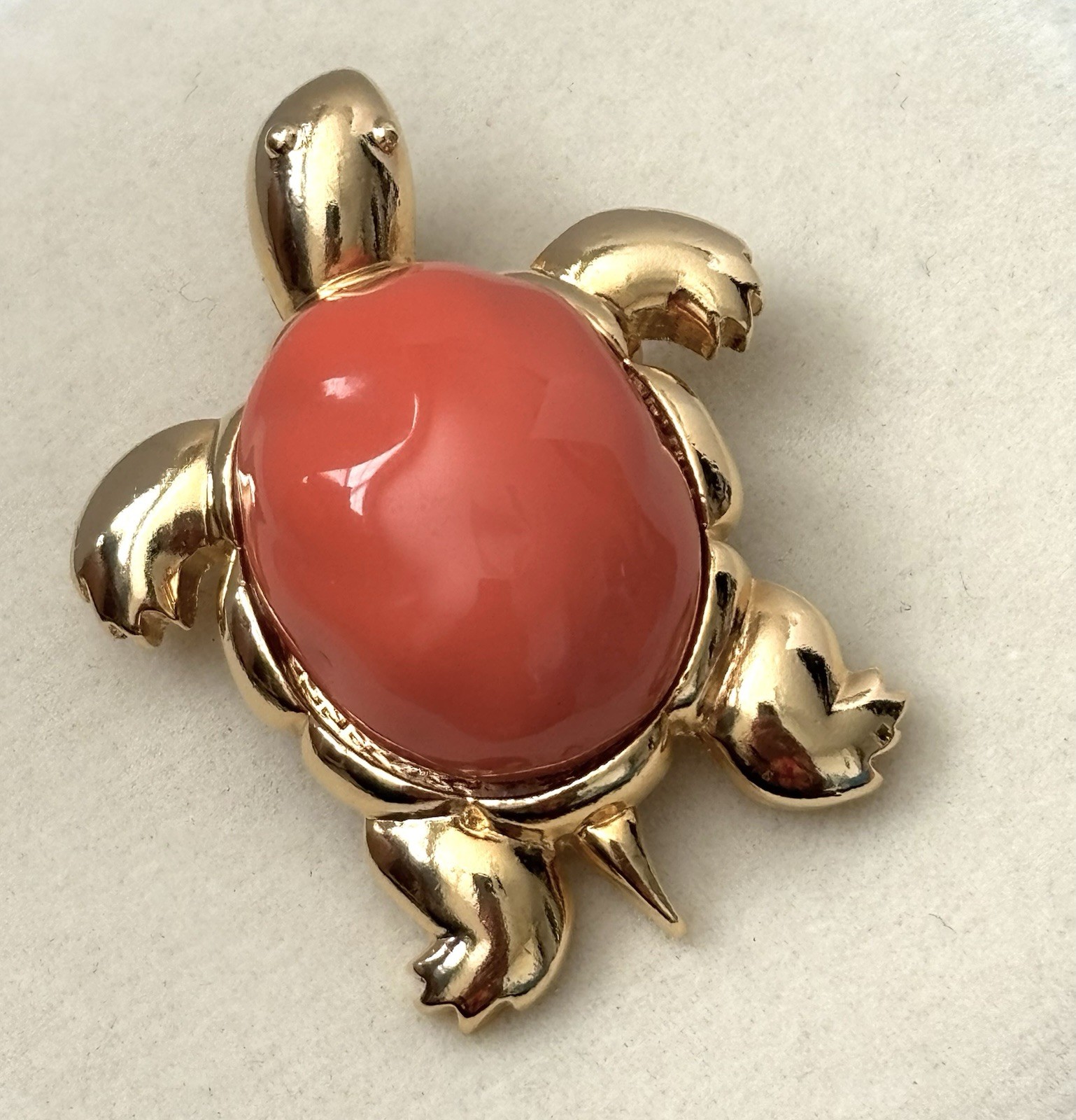 Vtg Kenneth Jay Lane Simulated Coral Cabochon Tortoise Brooch Pendant (No Chain)