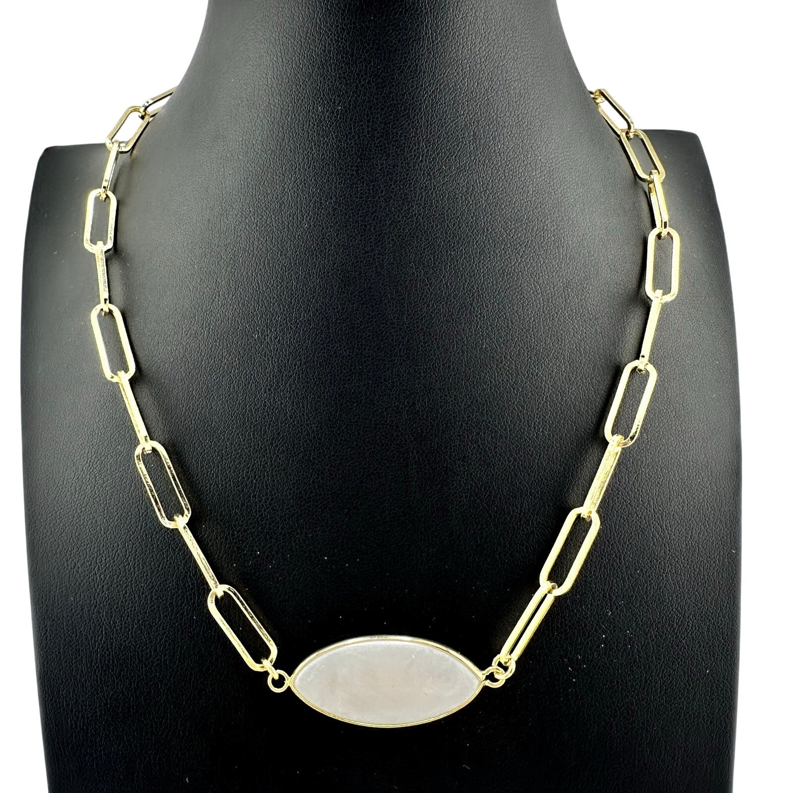 Ann Taylor Loft Factory White Shimmer Oblong Pendant Gold Tone 18″ Necklace