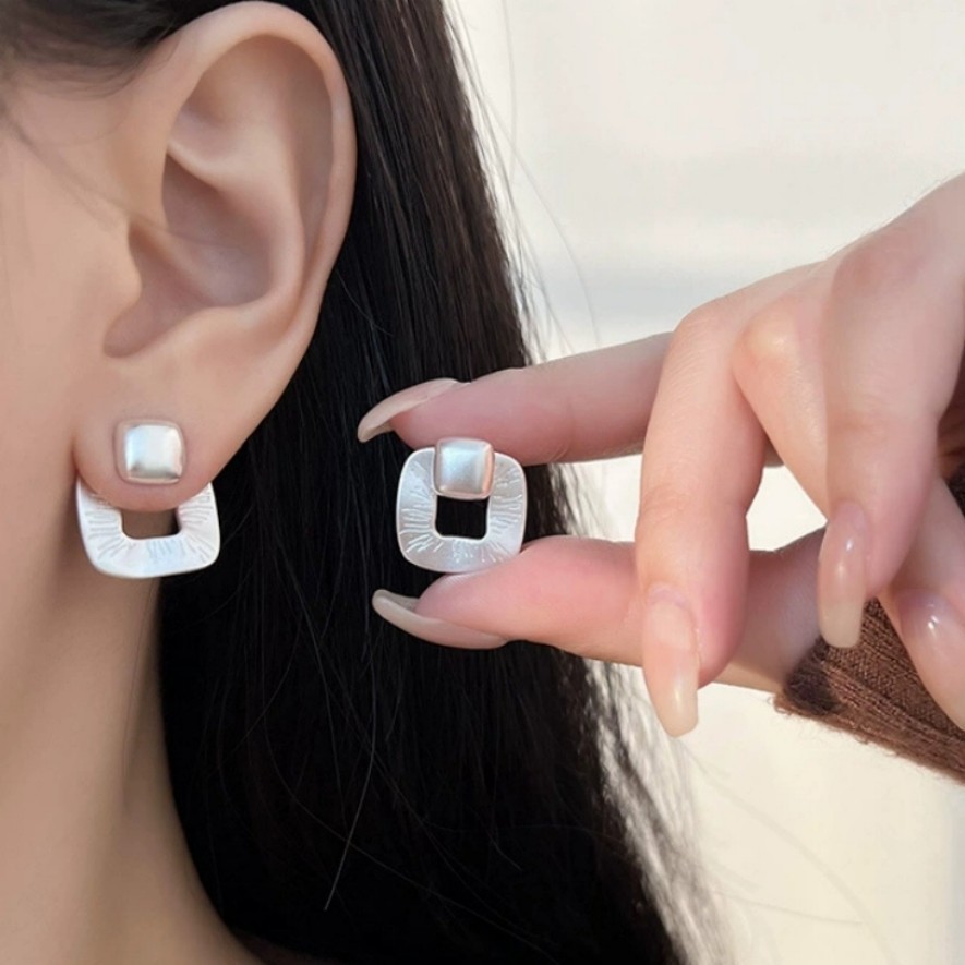 Minimalist Matte Silver Plated Brushed Textured Hollow Square Daily Stud Earring