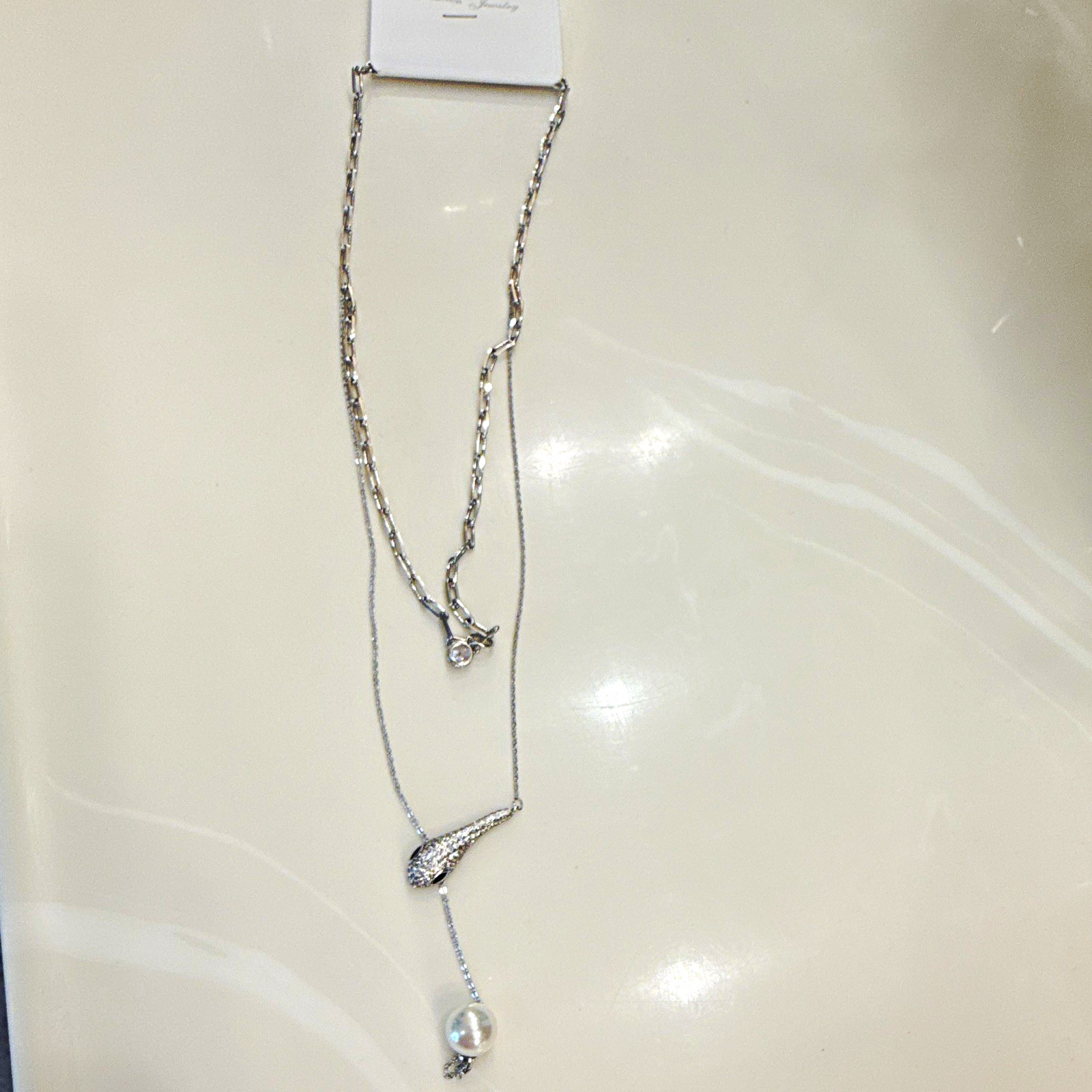 Silver Tone Layered Lariat Pendant Necklace White Pearl Pavé Teardrop Box Chain