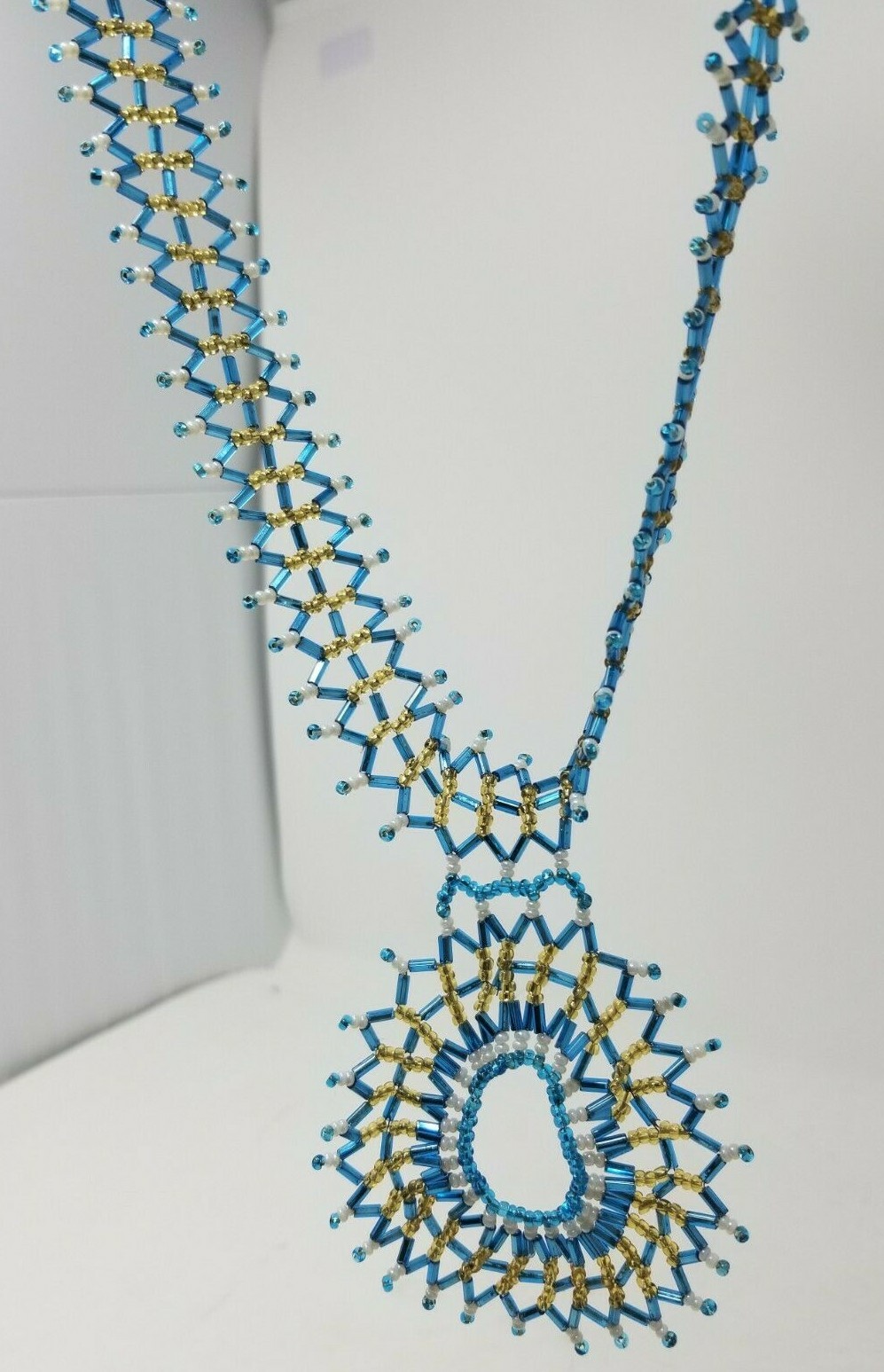 Native Style American Beaded Necklace~Blue, gold, white~Boho, Hippie~Circle