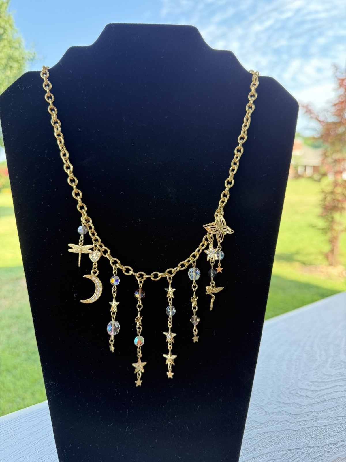 Retired Kirks Folly Celestial Necklace Gold Tone AB Crystals Fairy Moon Stars