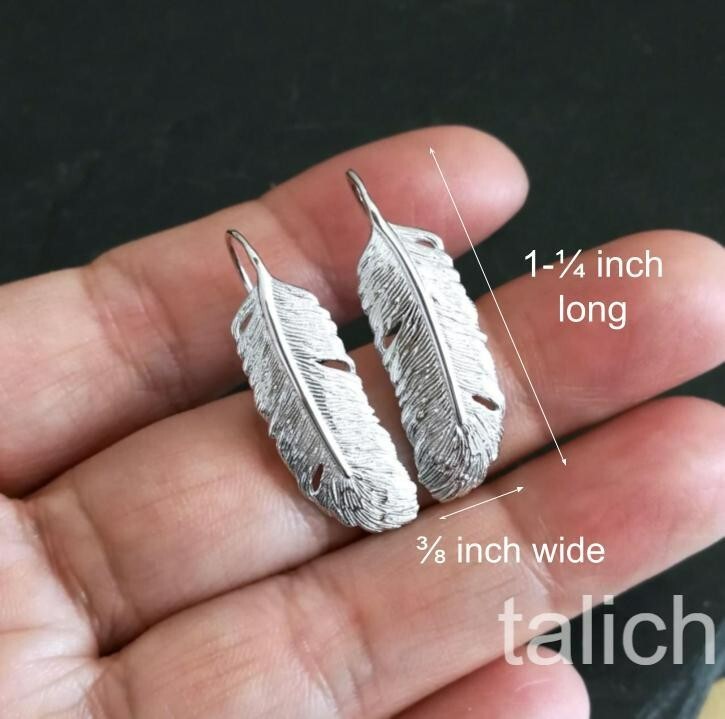 Shiny 925 Sterling Silver Small Feather Drop Earrings Light Weight Chic Unique