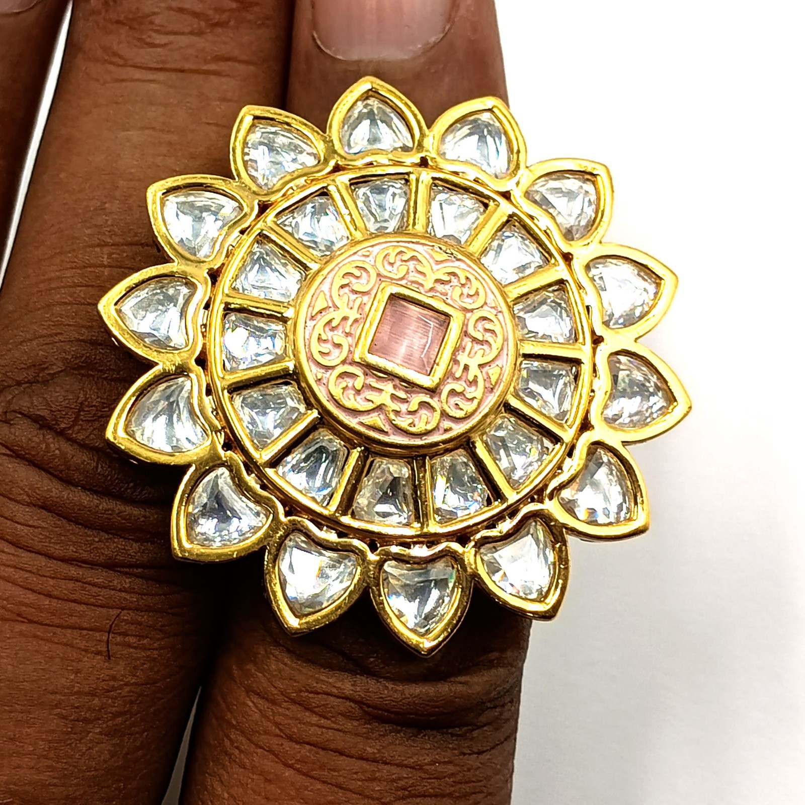 Kundan Polki CZ Ring 22k Gold Plated Adjustable Band Traditional Indian Jewelry