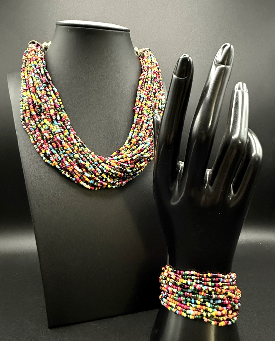 32 Strand Beaded Necklace 20″ and 14 Beaded Bracelets Set Multi-Colored Beads