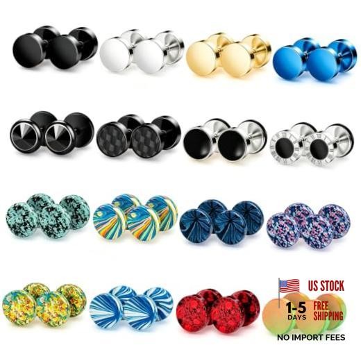 16 Pairs Faux Gauges Earrings for Men Women Stainless Steel Mens Stud Mixcolor