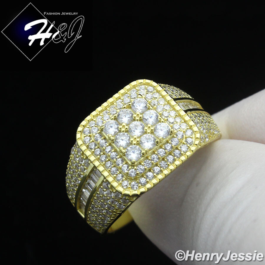 MEN 925 STERLING SILVER ICY BLING CZ GOLD PLATED 3D SQUARE RING*GR199