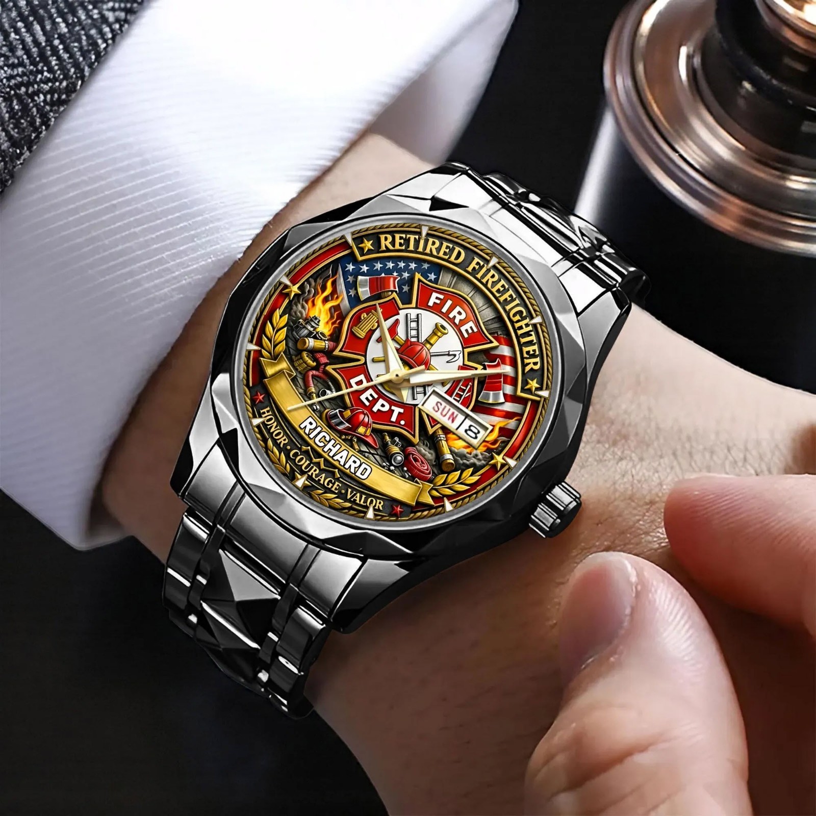 Custom Retired Firefighter Watch Personalized Fire Dept Retirement Gift for Men