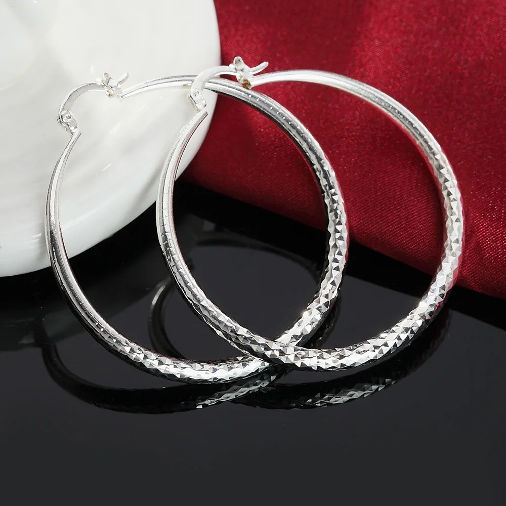 925 Sterling Silver Circle Hoop Earrings 5cm Women Wedding Party Jewelry