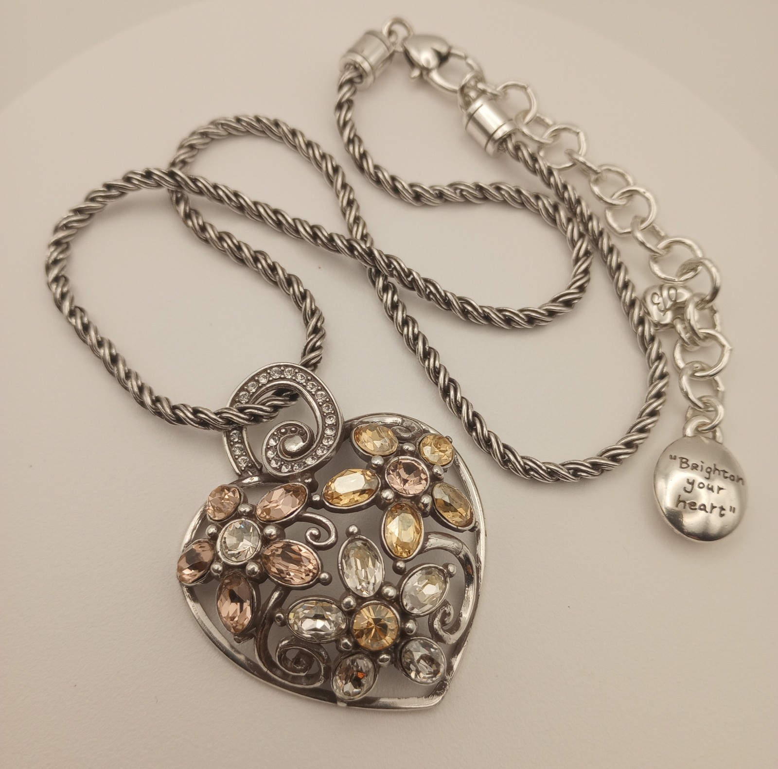 BRIGHTON Garden of Dreams Neutral Tones Crystal Heart Pendant Rope Necklace