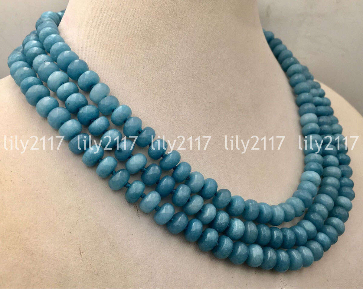 Natural 3 Rows 5x8mm Jade Gemstone Faceted Rondelle Beads Necklace 18-20”