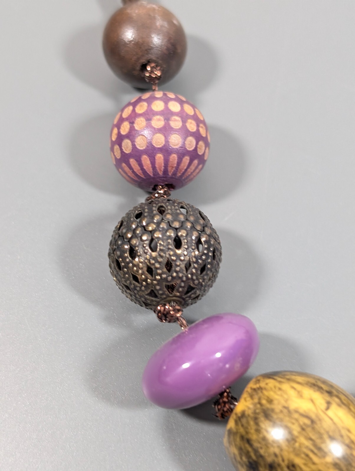Boho Purple Bronze Tone Flower Beaded Filigree Ball Wood Cord Necklace 23 in