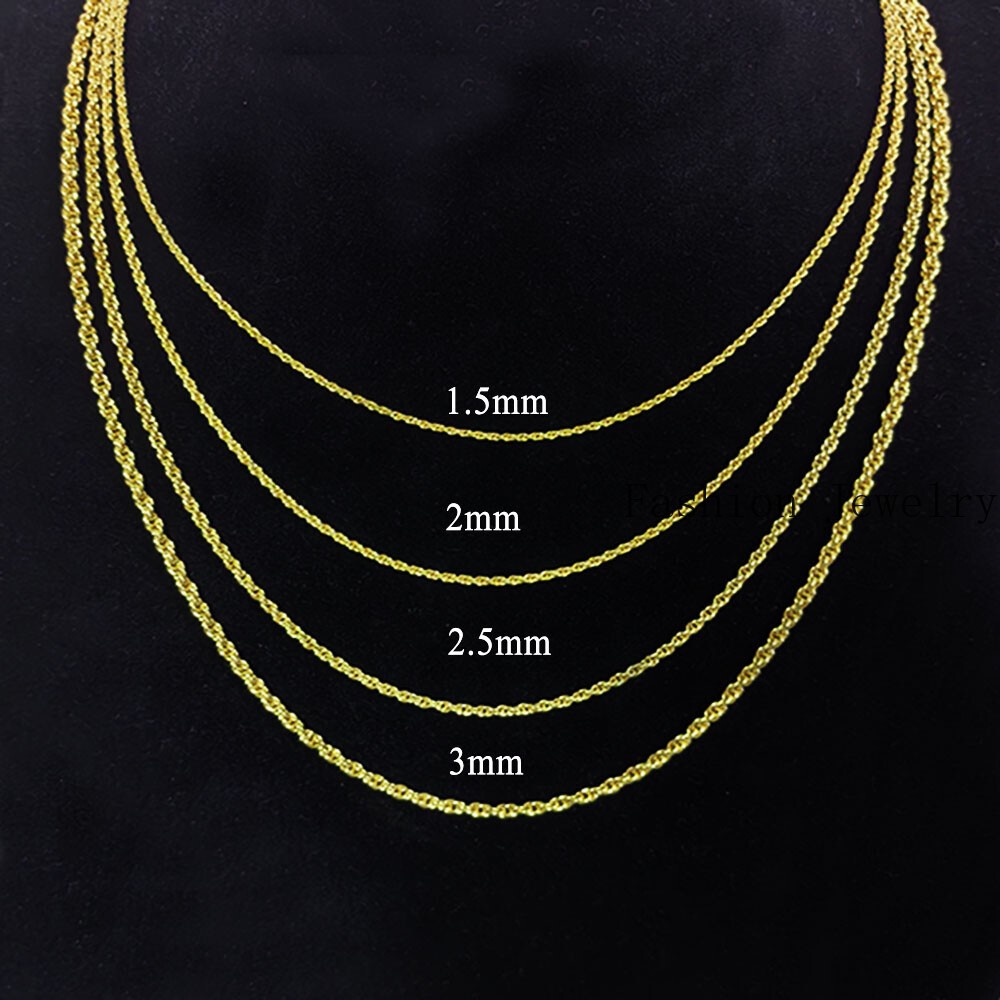 14K Real Solid Yellow Gold 1.5mm-3mm Rope Chain Necklace with Lobster Claw Clasp