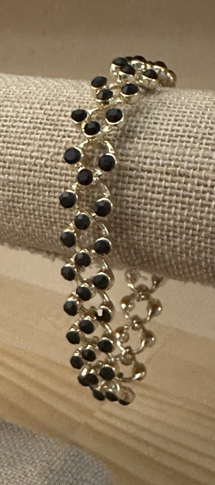 Gold Tone 3 Row Black Faceted Tennis Bracelet 7.5” Push Lock