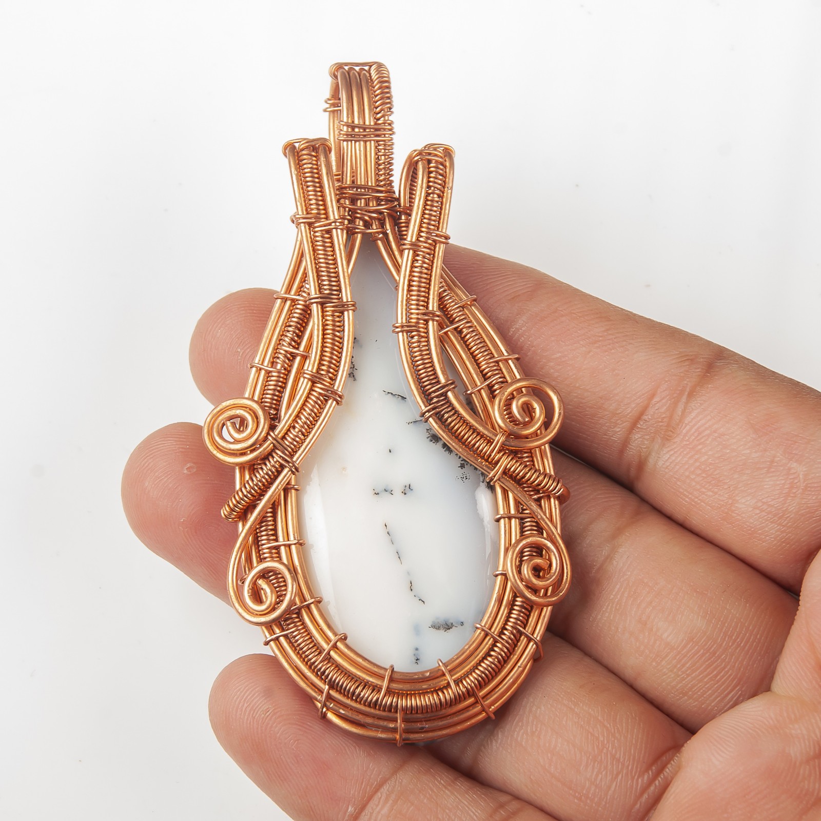 Copper OVAL Dendritic Opal Stone Bezel Sister Boho Wire Wrap Anniversary Pendant