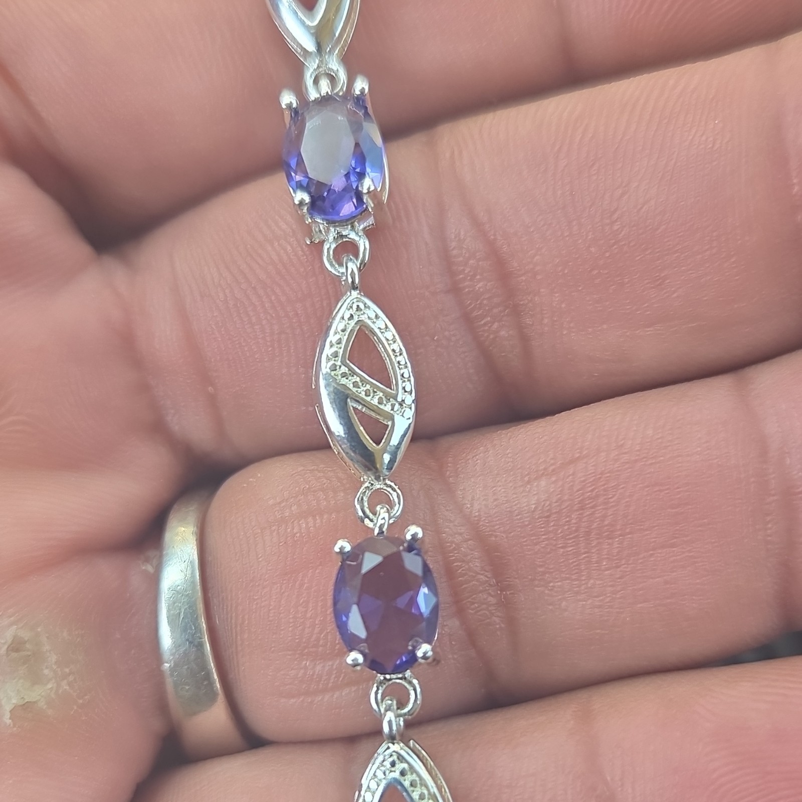 Silver Tone White Oval Stone Ring & Bracelet Set with Purple Accents