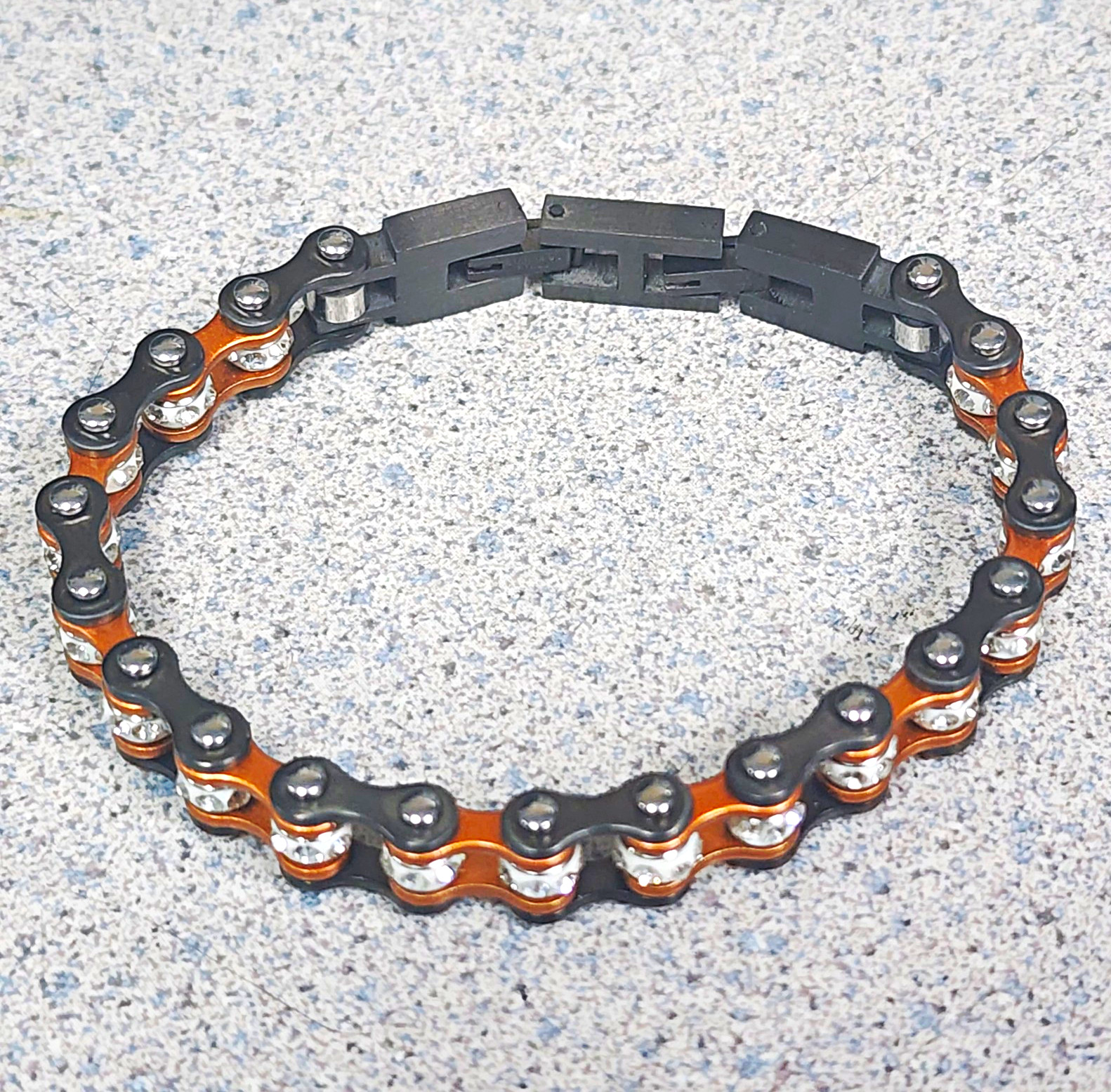 Heavy Metal Jewelry HM Bike Chain Bracelet Stainless Steel Black Orange Crystals