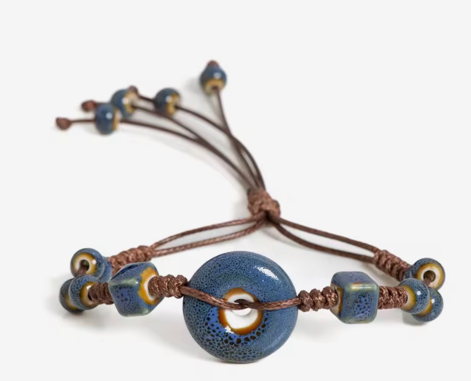 Boho Handmade Glazed Ceramic Peace Buckle Bracelet Adjustable Vintage Jewelry