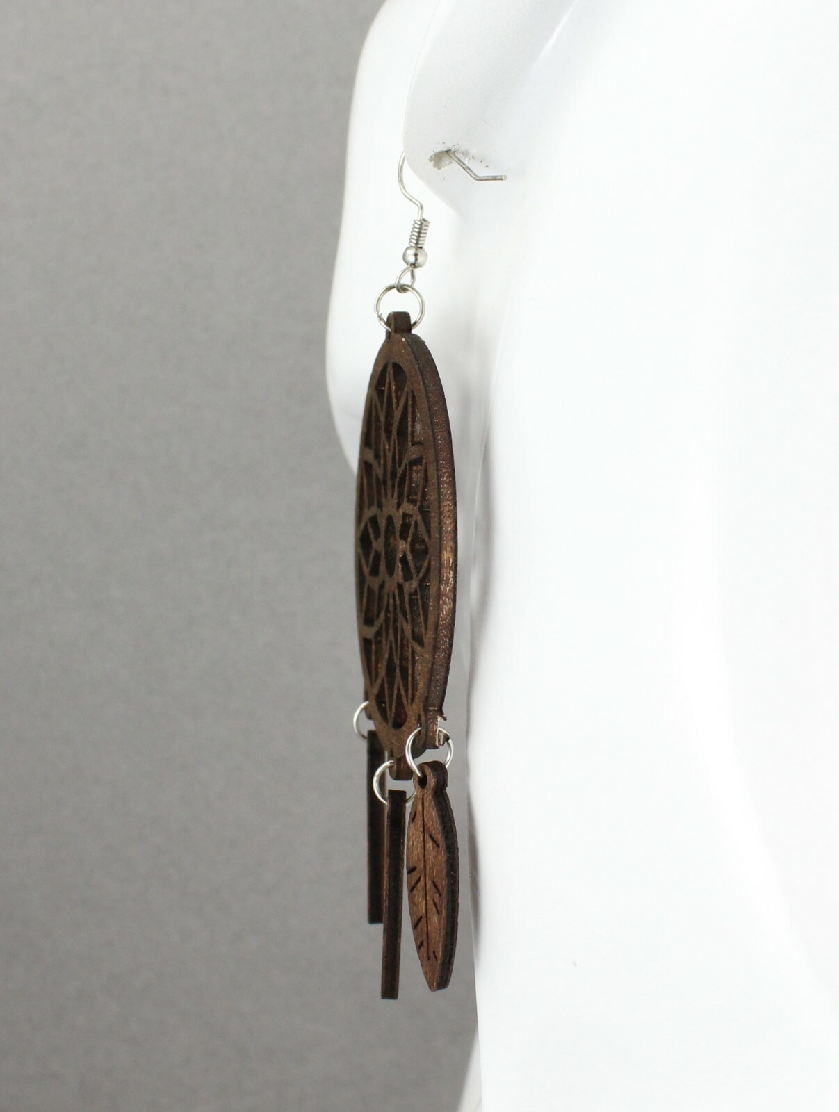 Dark Brown wood dream catcher feather earrings big lightweight leaf 4.25″ long