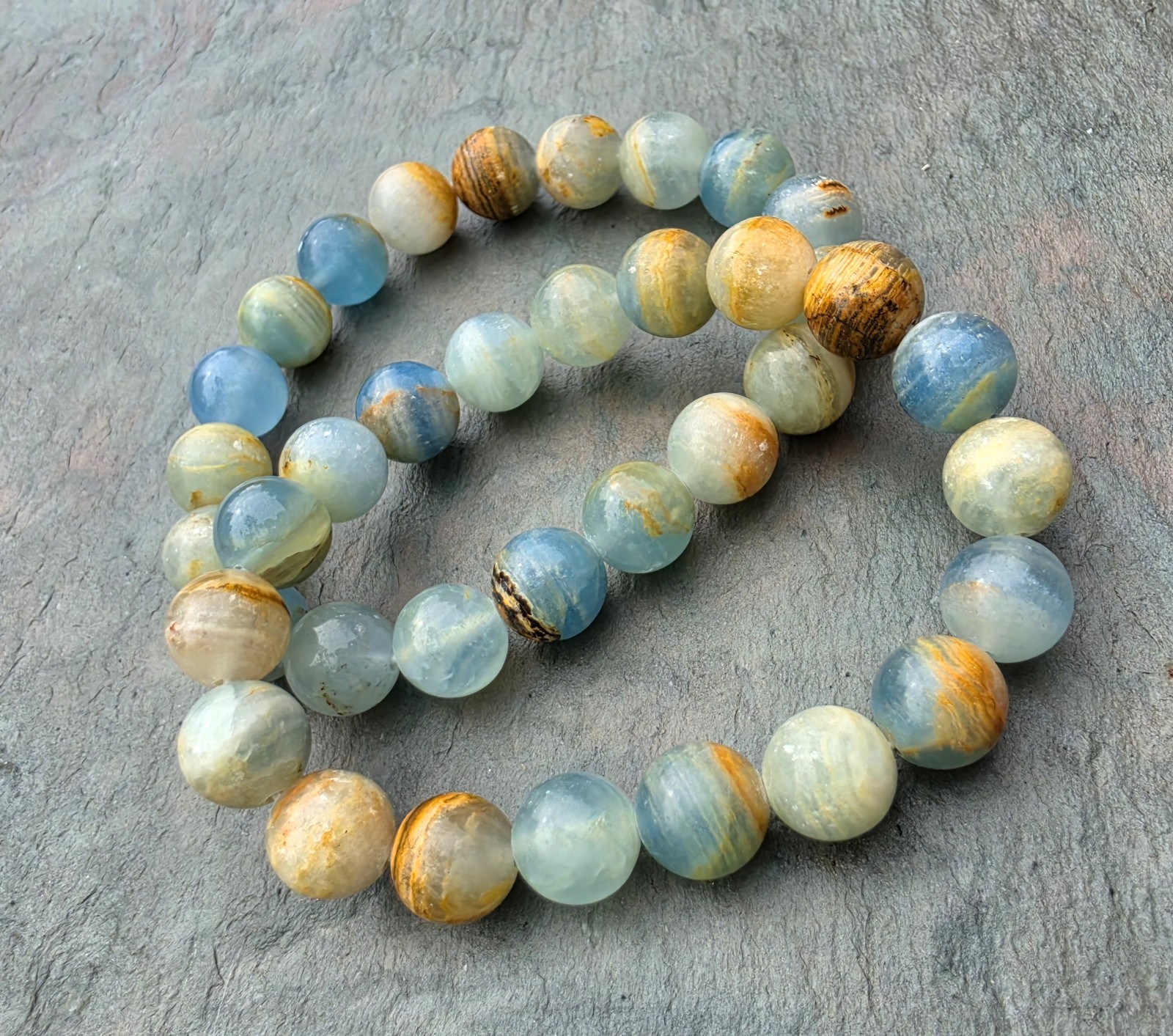 Natural Aquatine Lemurian Calcite Bracelet Blue Onyx Gemstone Healing Crystal A+