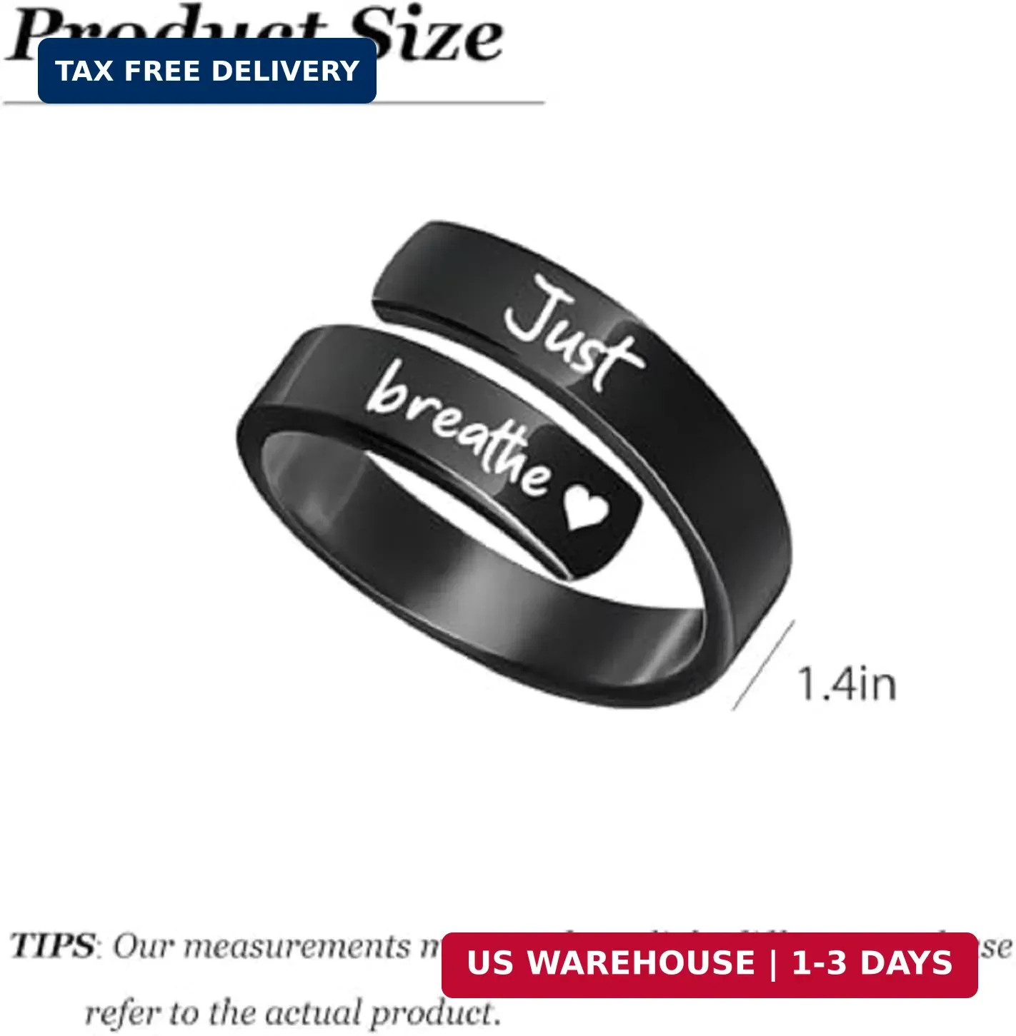 Just Breathe Ring for Women Men Adjustable Heart Hope Rings Black Inspirational