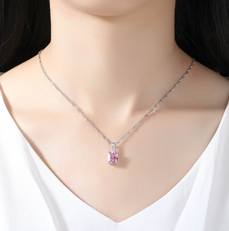 White Gold Square Pink Purple Blue Crystal CZ Pendant Necklace 18″ Chain Box S1