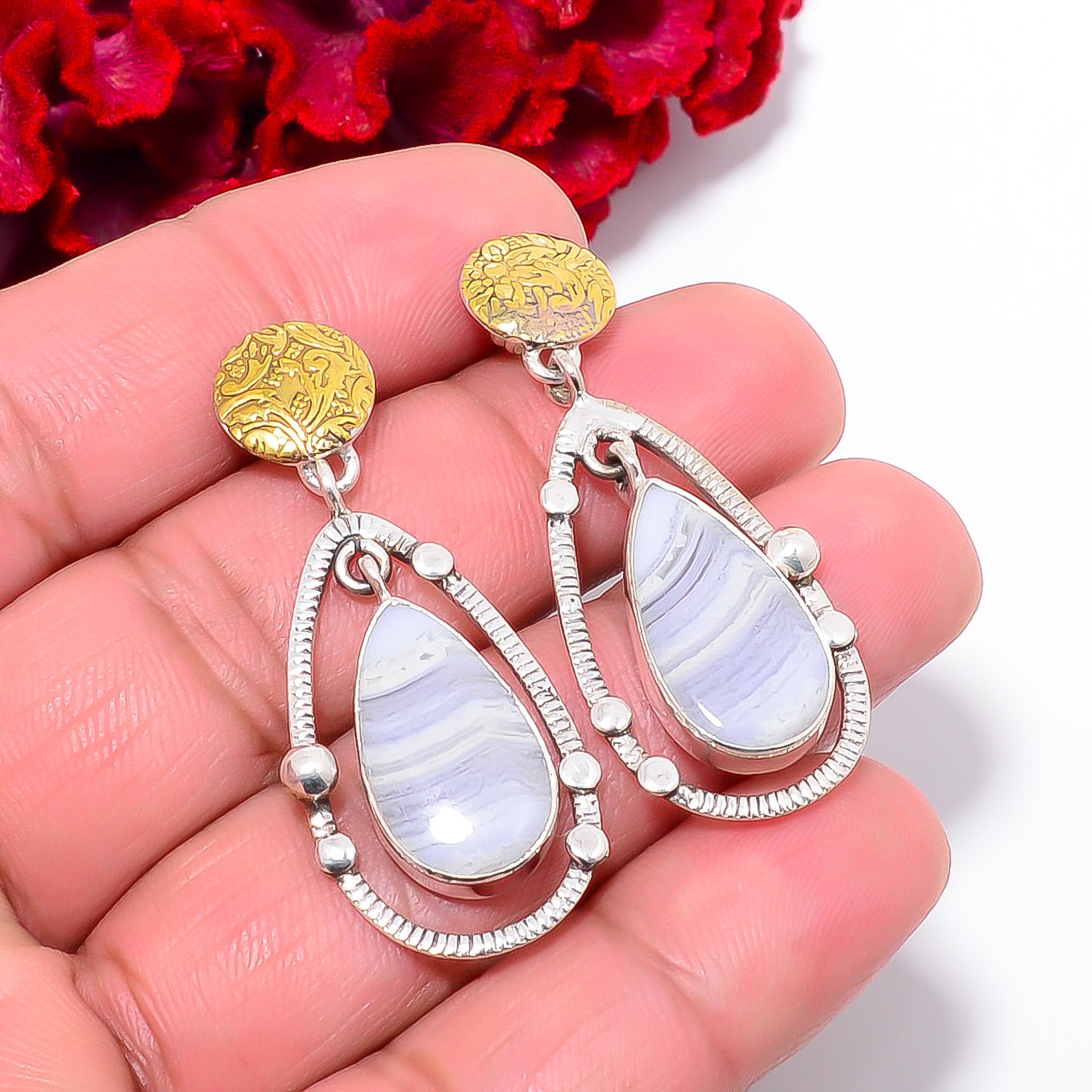Blue Lace Agate – Namibia 925 Sterling Silver Two Tone Earring 1.76″ E10309