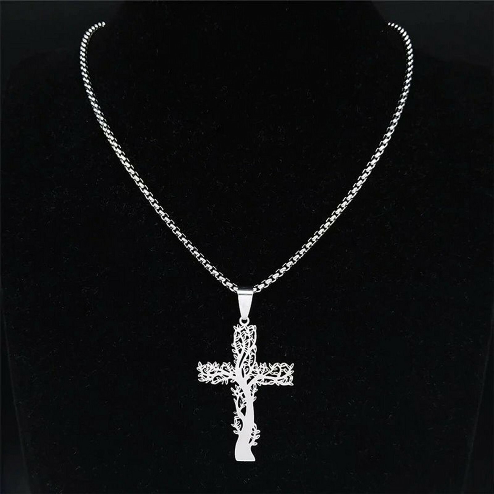 Nature Cross Necklace Silver Stainless Steel Religious Tree Crucifix Pendant