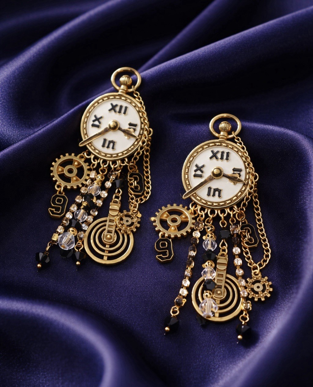 Museum Retro Clock Earrings Gold Chain CZ Steampunk Statement Art Boho Gear VTG