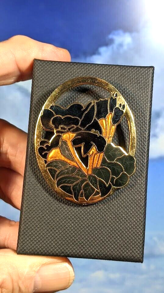 Vintage Cloisonné Enamel Floral Brooch, in Box. 52mm