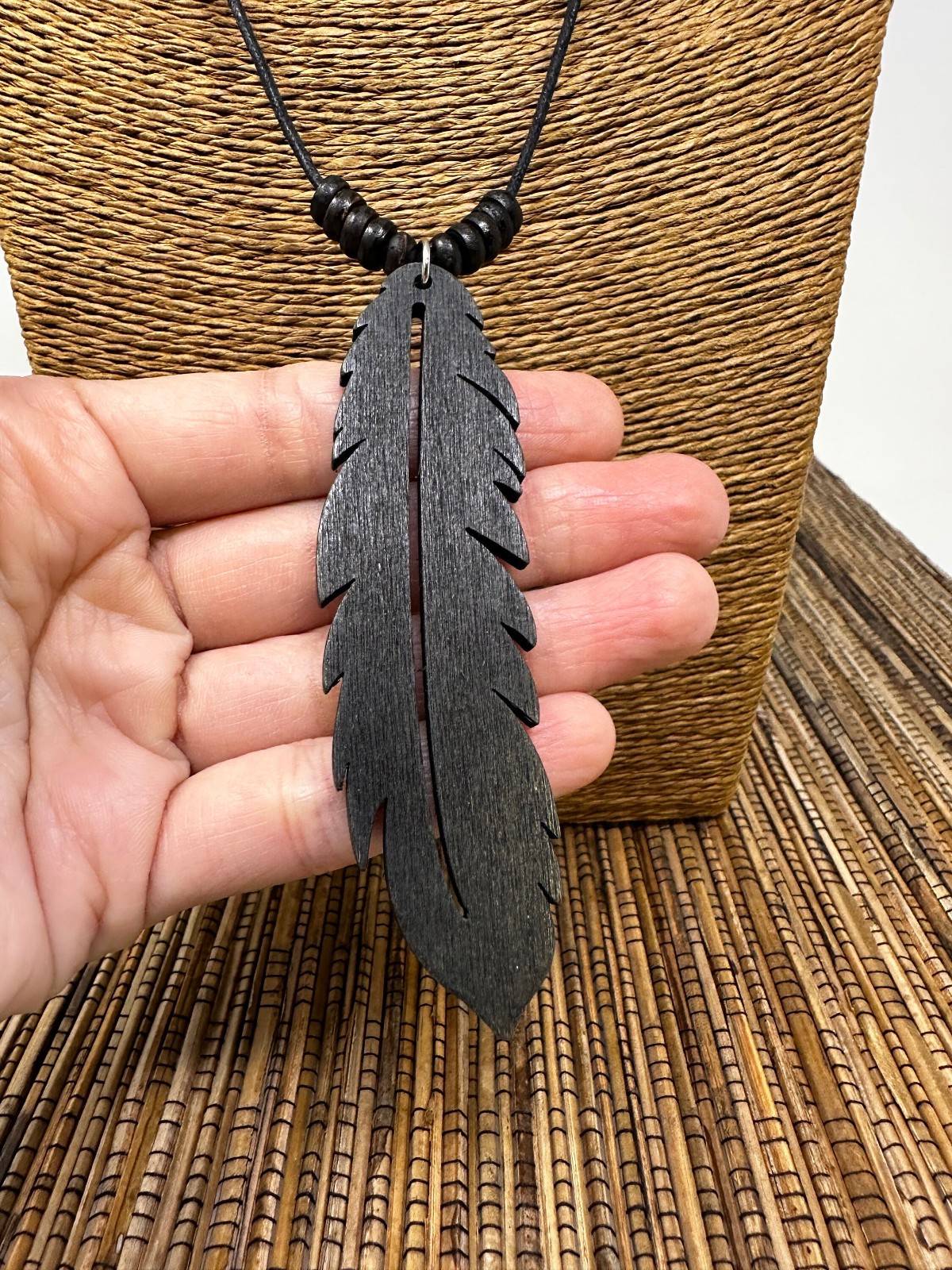 Black or Brown Leaf Necklace Wooden Pendant Adjustable Unisex Nature Jewelry