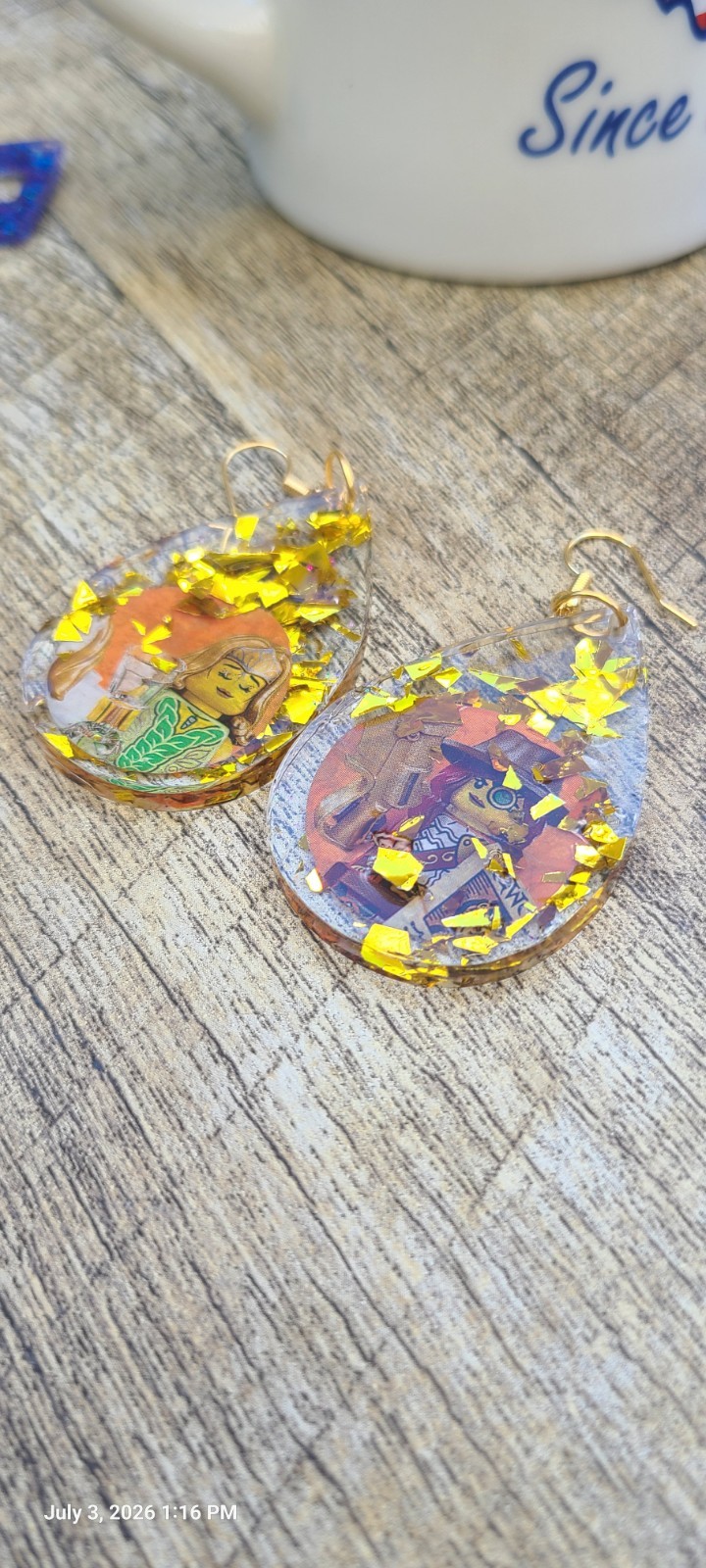 Resin Teardrop Dangle Hook Earrings Gold/Clear Gold Flake Confetti Lego Cartoon