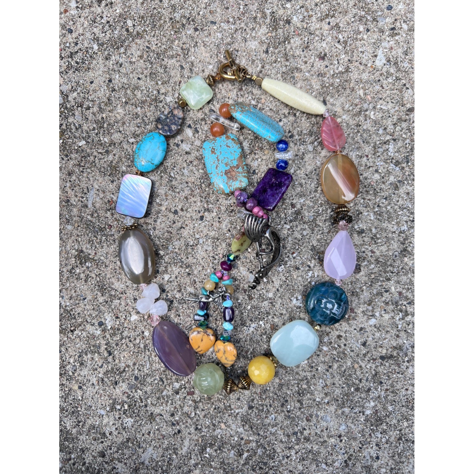 VTG Southwest Multi Gemstone Lariat Drop Statement Kokopelli Pendant Necklace