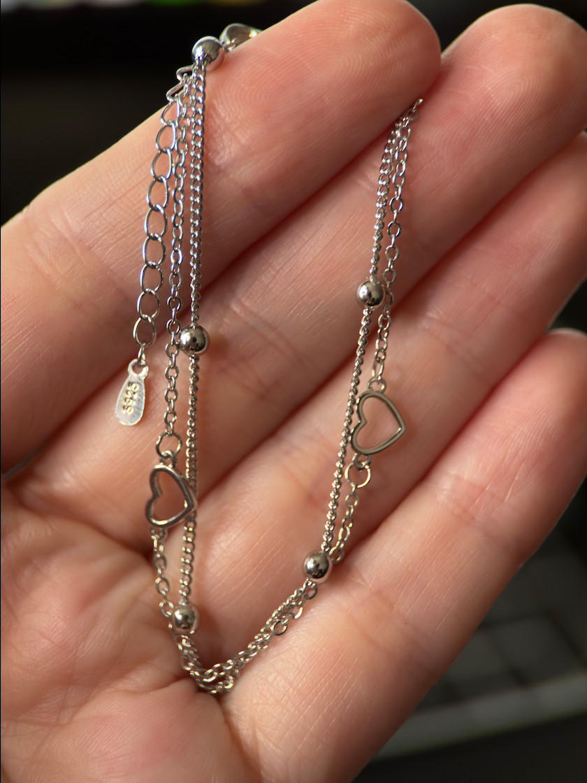 925 Sterling Silver Double Chain Heart Charm Bracelet, Adjustable 6-8″