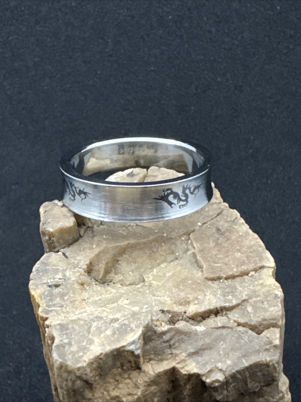 Concave Ring Laser Etched Dragon Design Stainless Steel 6mm
