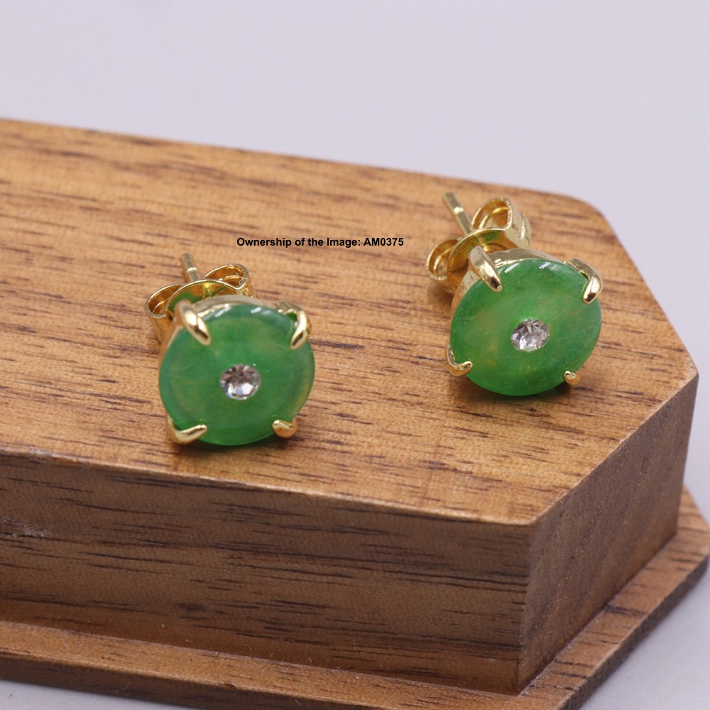 NEW GP Alloy Heating Jade Stud Earrings Women Green Round Earrings 8mm W