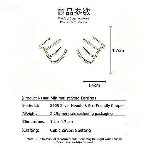 Minimal 3 Bar CZ Stud Earrings S925 Silver Post Women Daily Wear Jewellery
