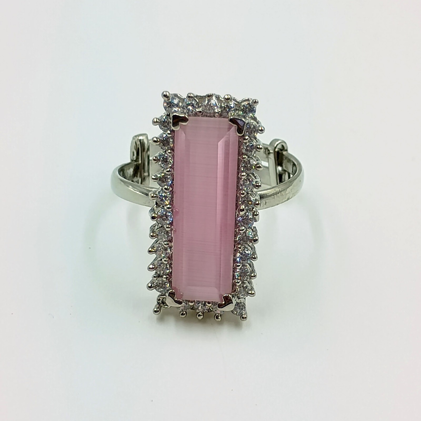 Dainty Pink Chalcedony & CZ Ring Adjustable Size White Plated Elegant Gift