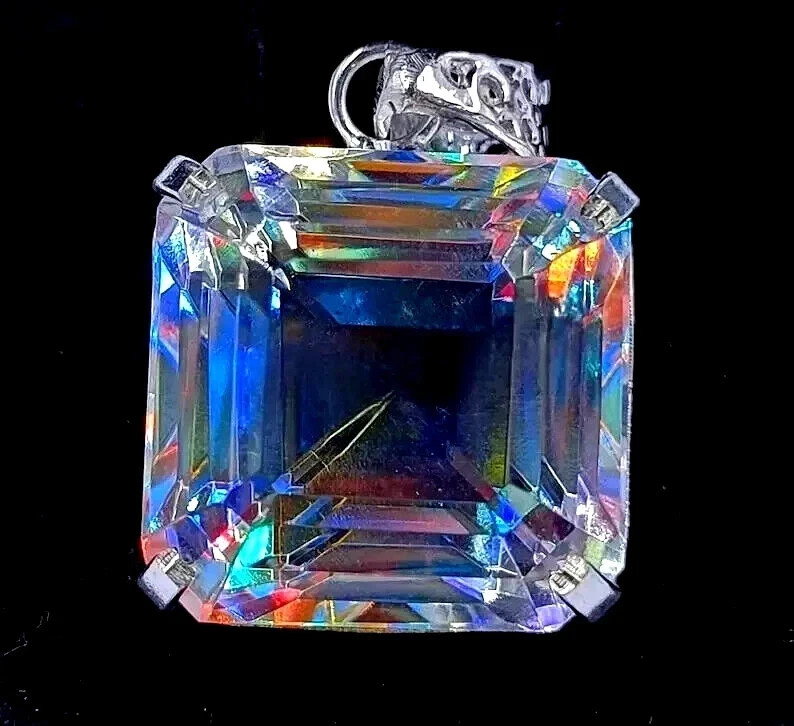 Natural Asscher Mystic Topaz 50.15 Ct+ 925 Solid Silver Rainbow Pendant Gemstone