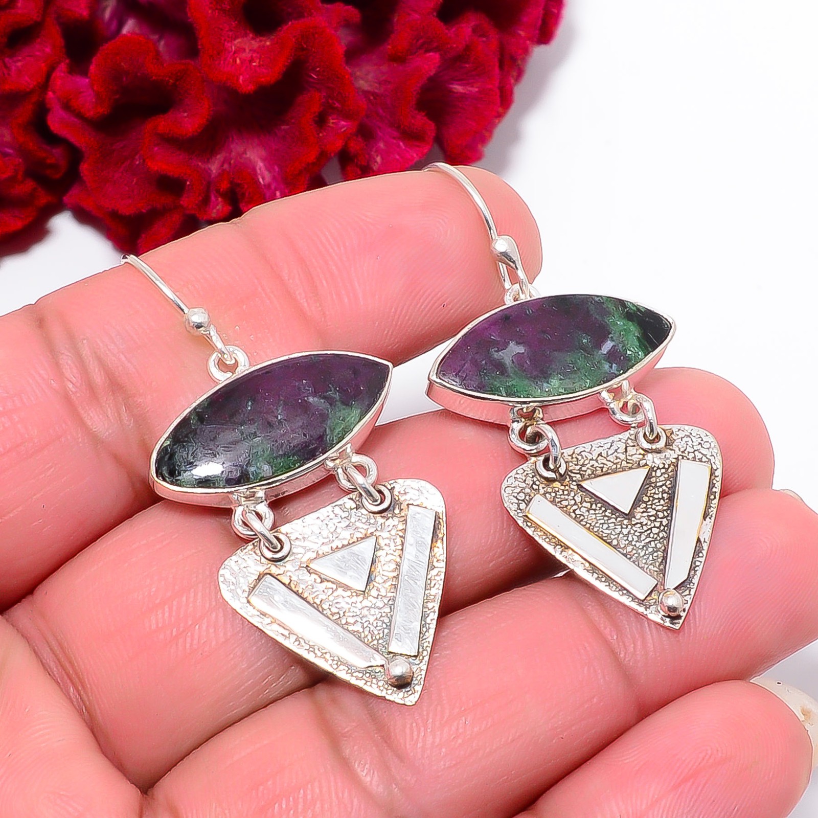 Natural Ruby With Zoisite Handmade 925 Sterling Silver Earring 1.91″ E07110937